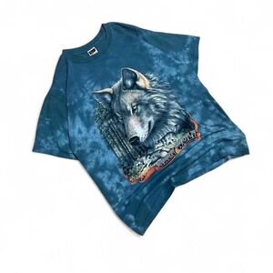 Blue tie-dye wolf mountain style Y2K vintage wildlife nature‎ animal graphic tee